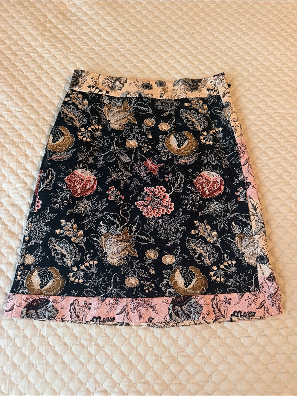 Save The Queen Black Floral tapestry Skirt with Pink Trim
